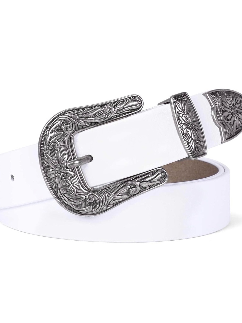 Women's White Western Leather Belt with Ornate Silver Buckle